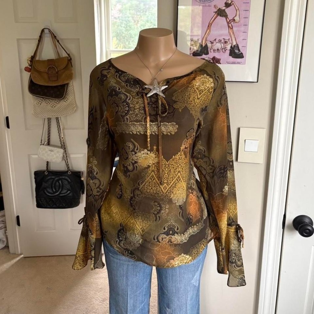 y2k 2000s fairy boho brown paisley sheer long sleeve top